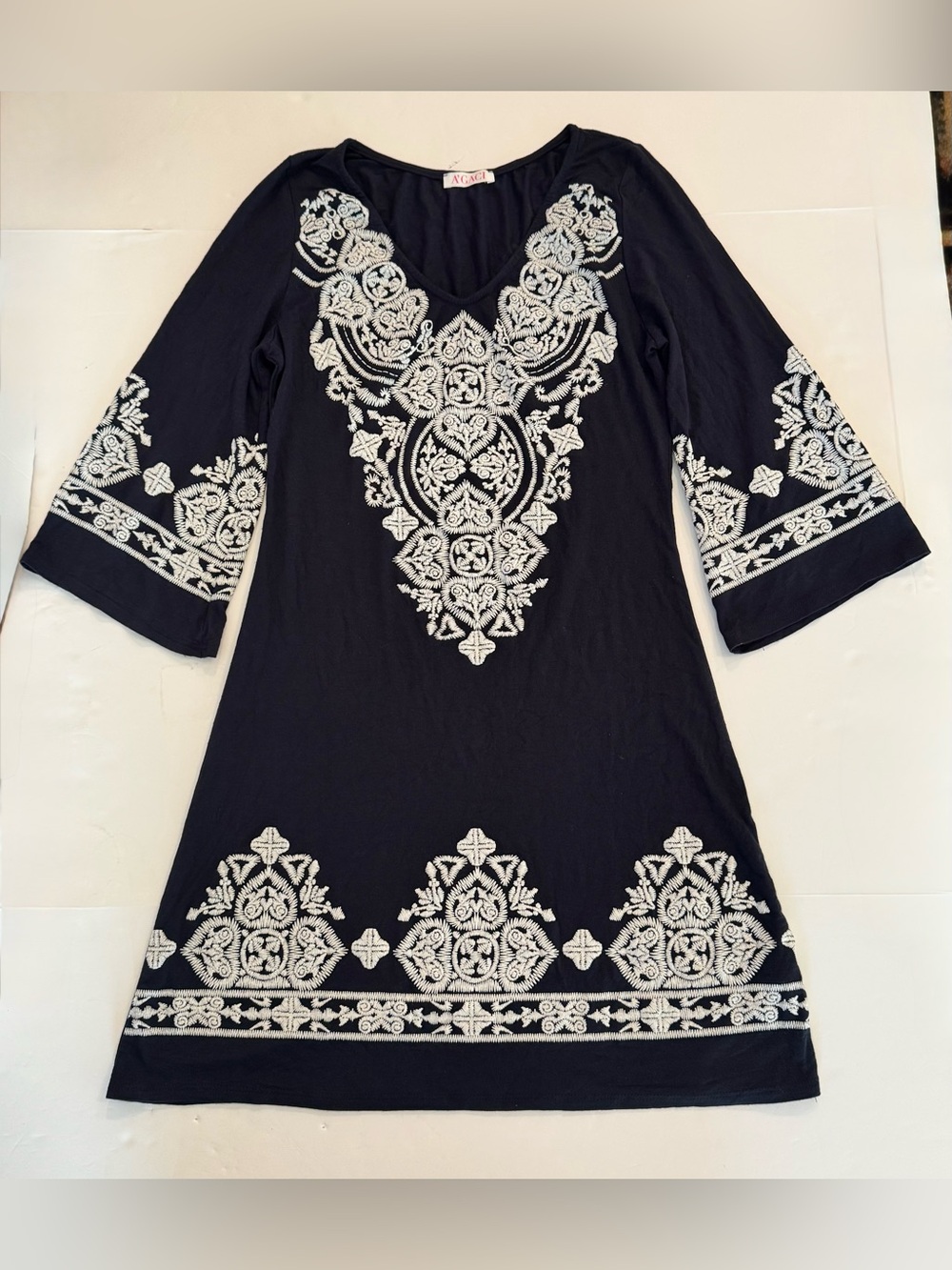 a'gaci Navy Blue 3/4 Flare Sleeves Dress w/ White Embroidery, Lightweight Classy - Picture 15 of 15
